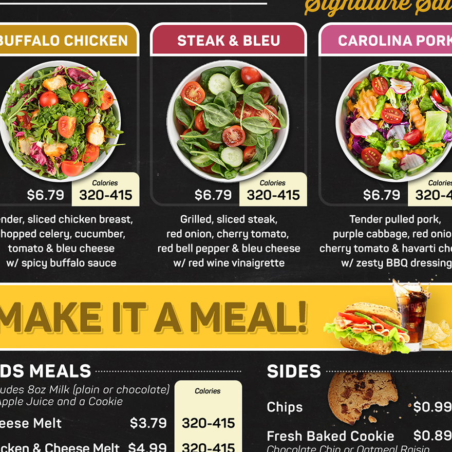 A close-up of a digital menu board showcasing signature salads.