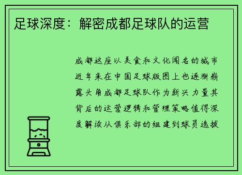 足球深度：解密成都足球队的运营