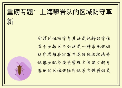 重磅专题：上海攀岩队的区域防守革新