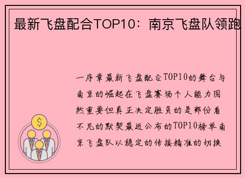 最新飞盘配合TOP10：南京飞盘队领跑