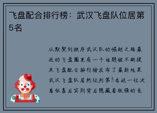飞盘配合排行榜：武汉飞盘队位居第5名